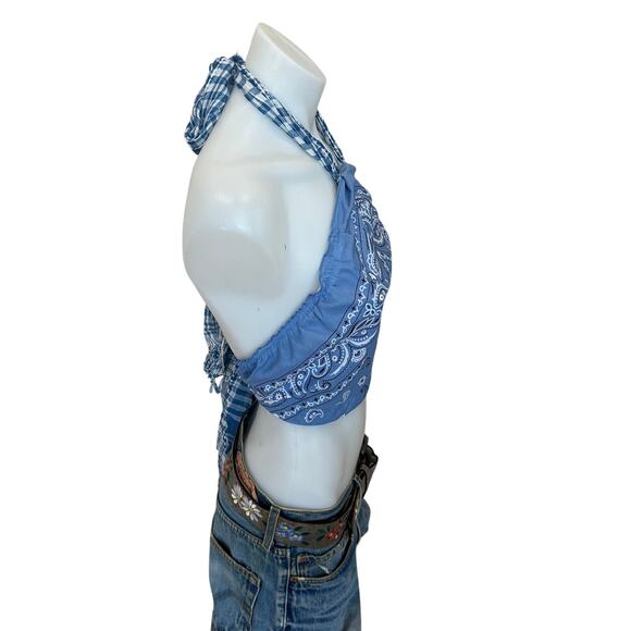 Bandana Halter Top Crop One Size Festival Western Blue Handcrafted Unique NEW - Picture 3 of 4
